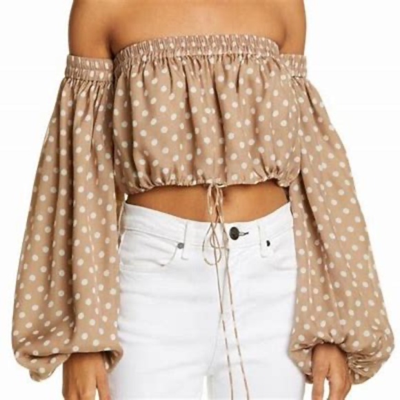 Amur Rosaline Silk Polka Dot Off-The-Shoulders Crop Top Blouse Beige Nat… - Picture 1 of 7